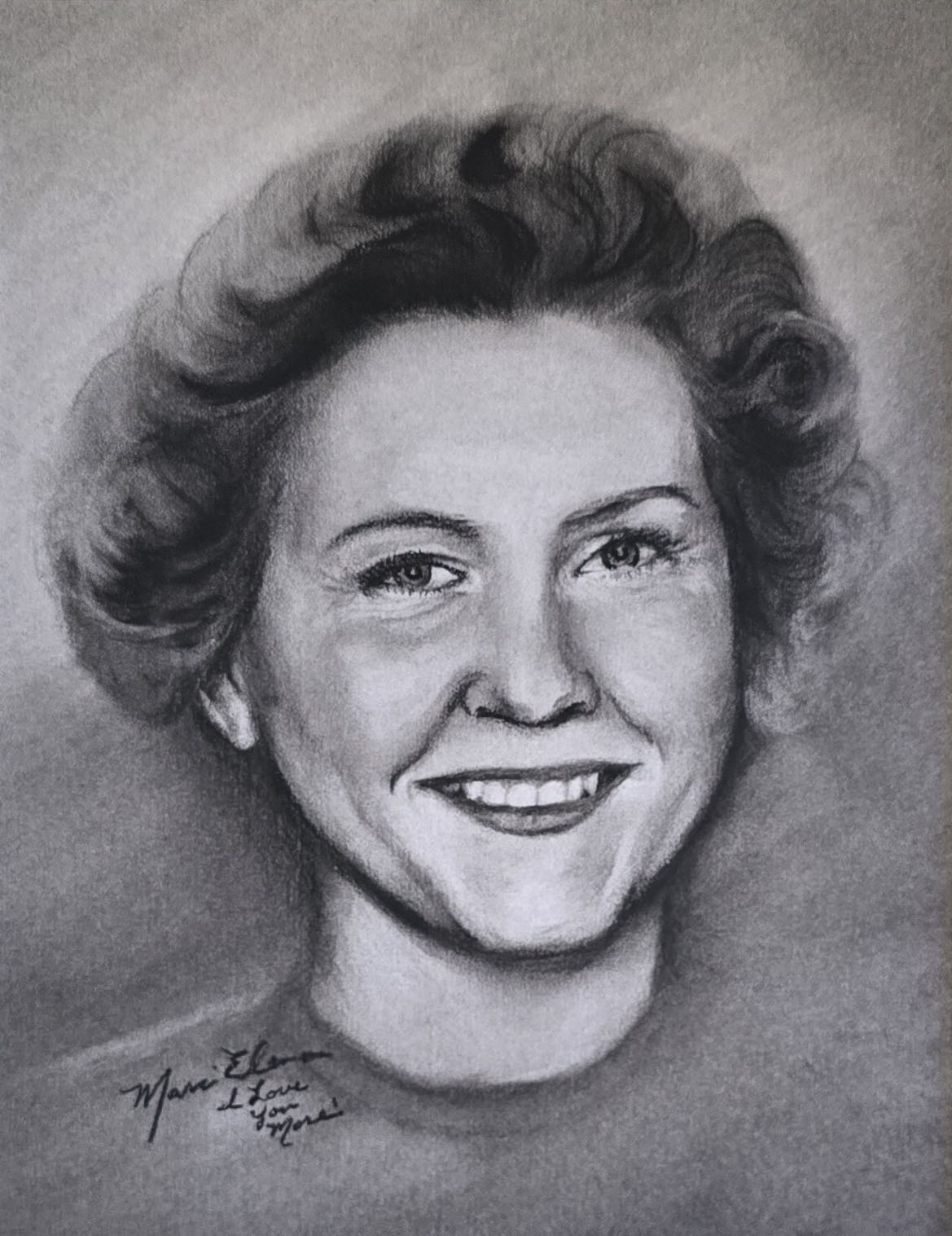 Grandma &mdash; charcoal portrait of a smiling young woman