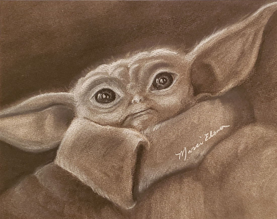 He&rsquo;s Just a Baby &mdash; charcoal portrait of Grogu